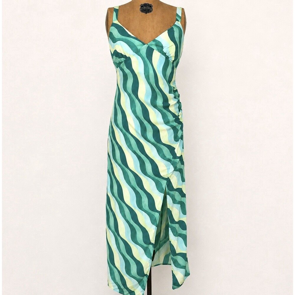 Zara Green Wave Print Maxi Dress Ruched Side Slit‎ Coastal Resort Size L